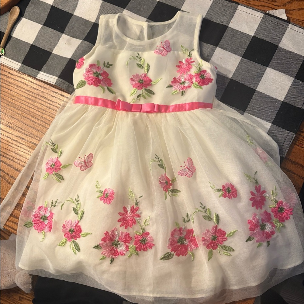 Jona Michelle Cream Tulle Dress with Pink Floral Embroidery
